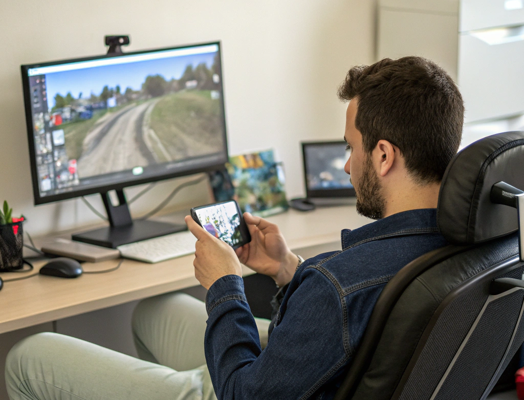 Man is sitting at chair in the office with monitor